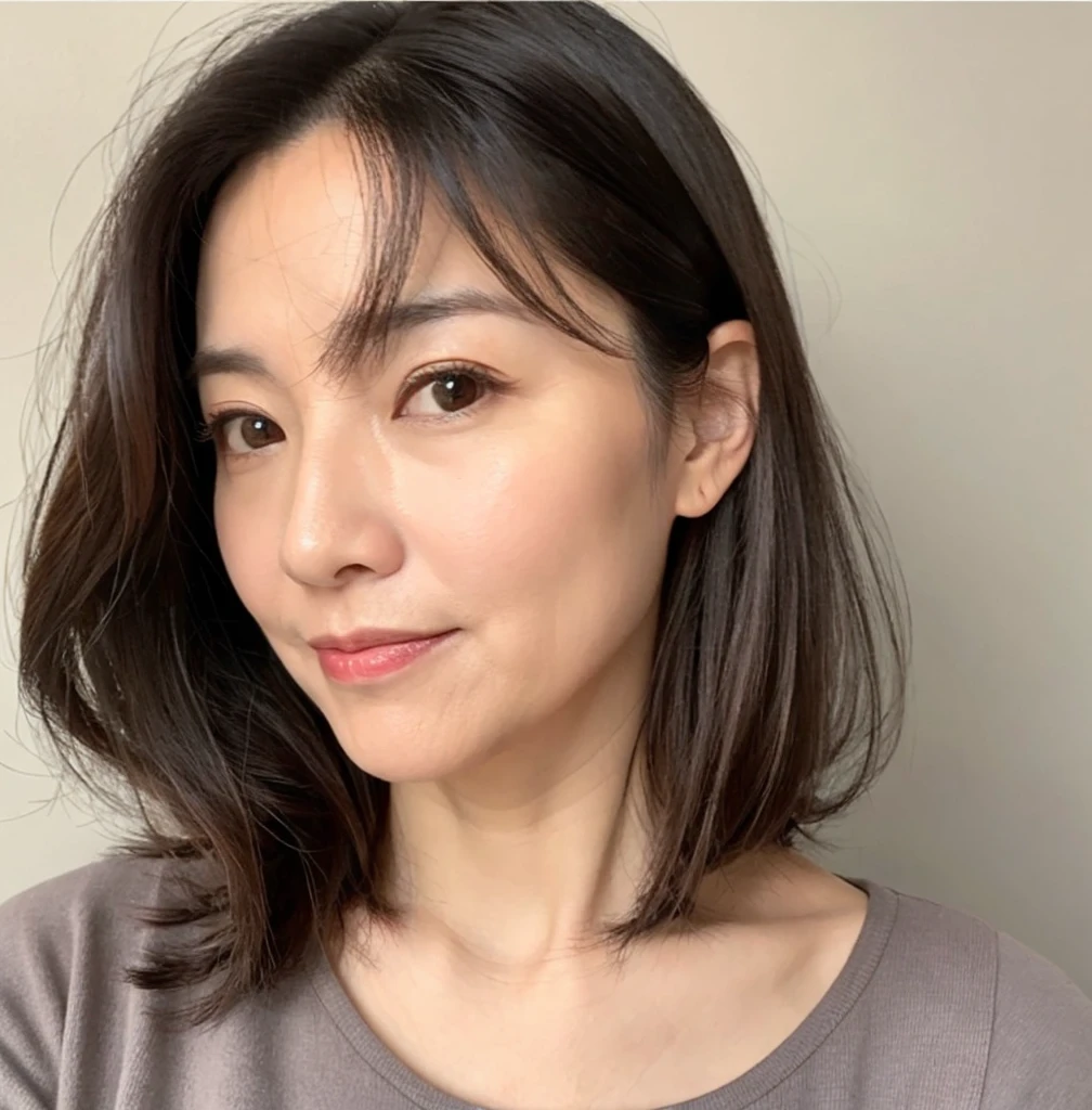 Aunt、43 years old、Slender、little gray hair、Straight Hair、The tips of the hair are rounded、A face with some wrinkles、The eyes are large、Big breasts、cute、Beauty、Good makeup、alone、the face is thin、Large breasts、Clothes that show cleavage
