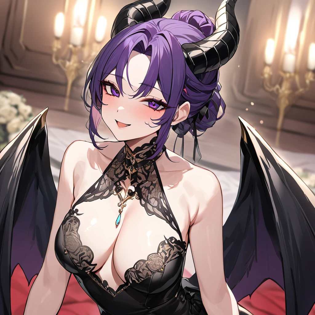 ((Highest quality)), ((masterpiece)), (detailed), （Perfect Face）、The woman is the Devil Queen Shinobu Kochou, a female demon wearing a gorgeous black wedding dress decorated with gold.、The woman is a female demon with magnificent devil horns, jet black devil wings and a jet black tail. She is looking at the camera with a happy expression, her name is Kocho Shinobu, and she has purple hair tied back and the expression of a girl in love.、The woman is Kocho Shinobu