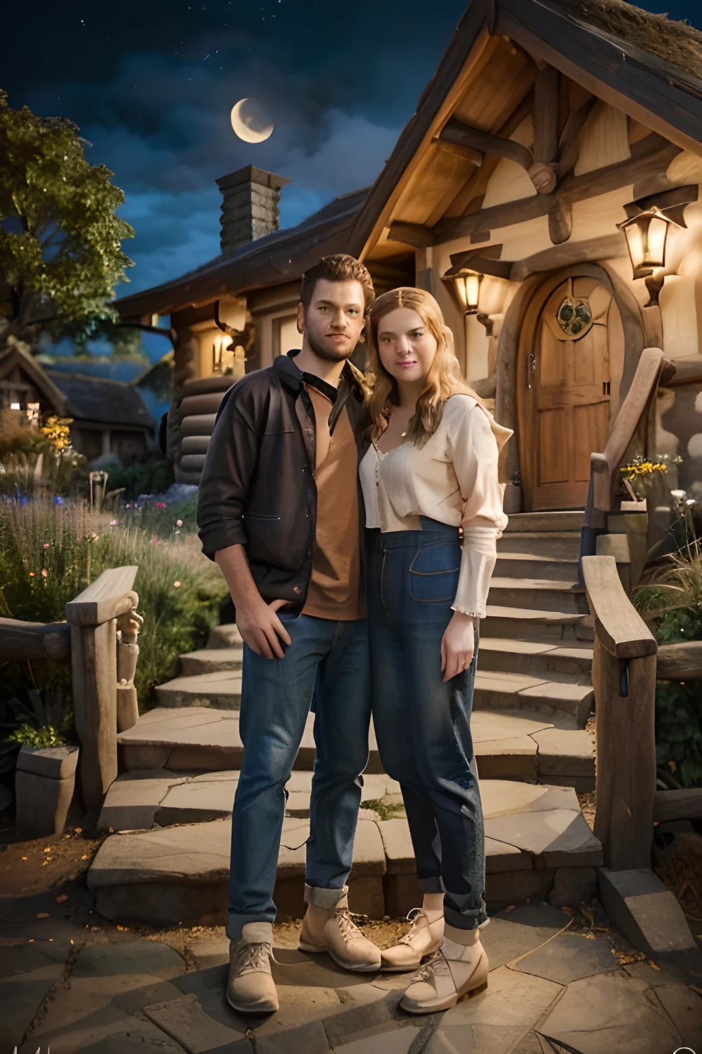 there are two people standing in front of a hobbitt house, portrait shot, hobbiton at night, hobbiton, lord of the rings style, movie promotional image, best on adobe stock, mid shot portrait, illustartion, promotional render, netflix, matte painting portrait shot, in matte painting, realistic fantasy render, by irakli nadar, hobbits