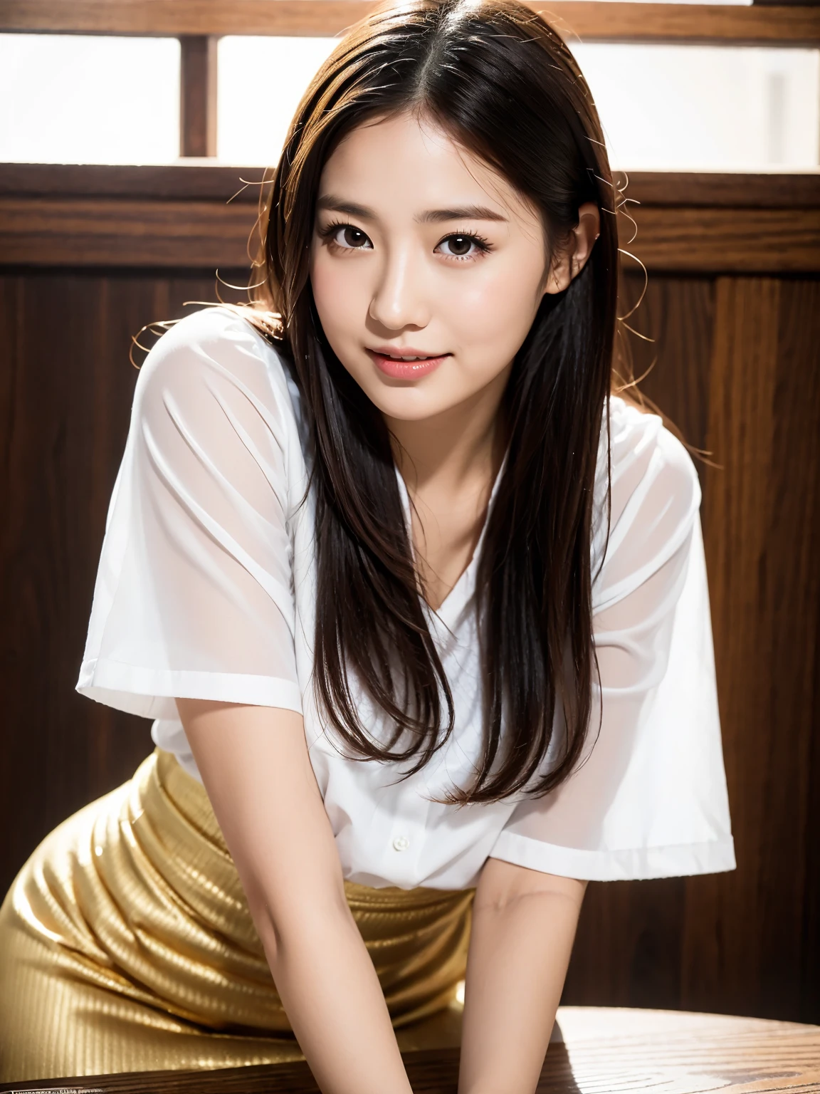 (Tabletop:1.3), (8K, Realistic, RAW Photos, Highest quality: 1.4), Japanese, (One Girl), Beautiful Face, (Realistic Face), (Black Hair), Beautiful hairstyle, Realistic eyes, Beautiful attention to detail, (Realistic Skin), Beautiful Skin, Charm, Ultra-high resolution, Surreal, Very detailed, Golden Ratio,.)、One girl、cute、Laughter、Mouth closed、Beautiful details、Beautiful nose down to the last detail、Esbian all over、Wet your hair、Giant Dalcefo、pork、、Thighs Thighs Thighs Thighs,Long upper body hair