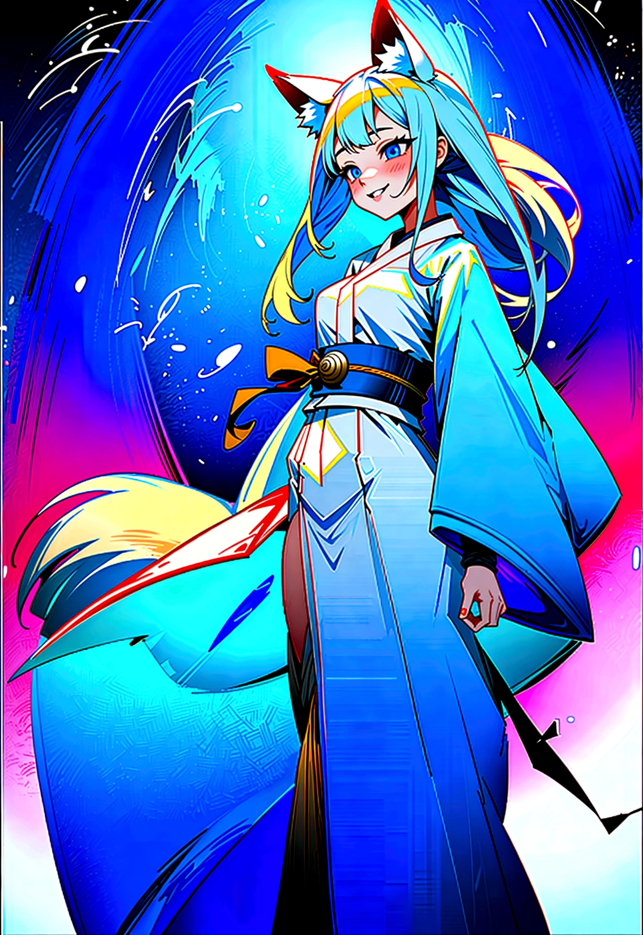 Kitsune human girl in her 20s with long white hair and white fox ears wearing white kimono with a blue belt with a white skirt and shirt socks with a blue ties blue eyes and from below a thin yellow colour holding string bells with a lot of blue sparkles around her and she has nine white tails as she's smiling with her mouth open revealing her fox fangs background holy Shrine in the mountains