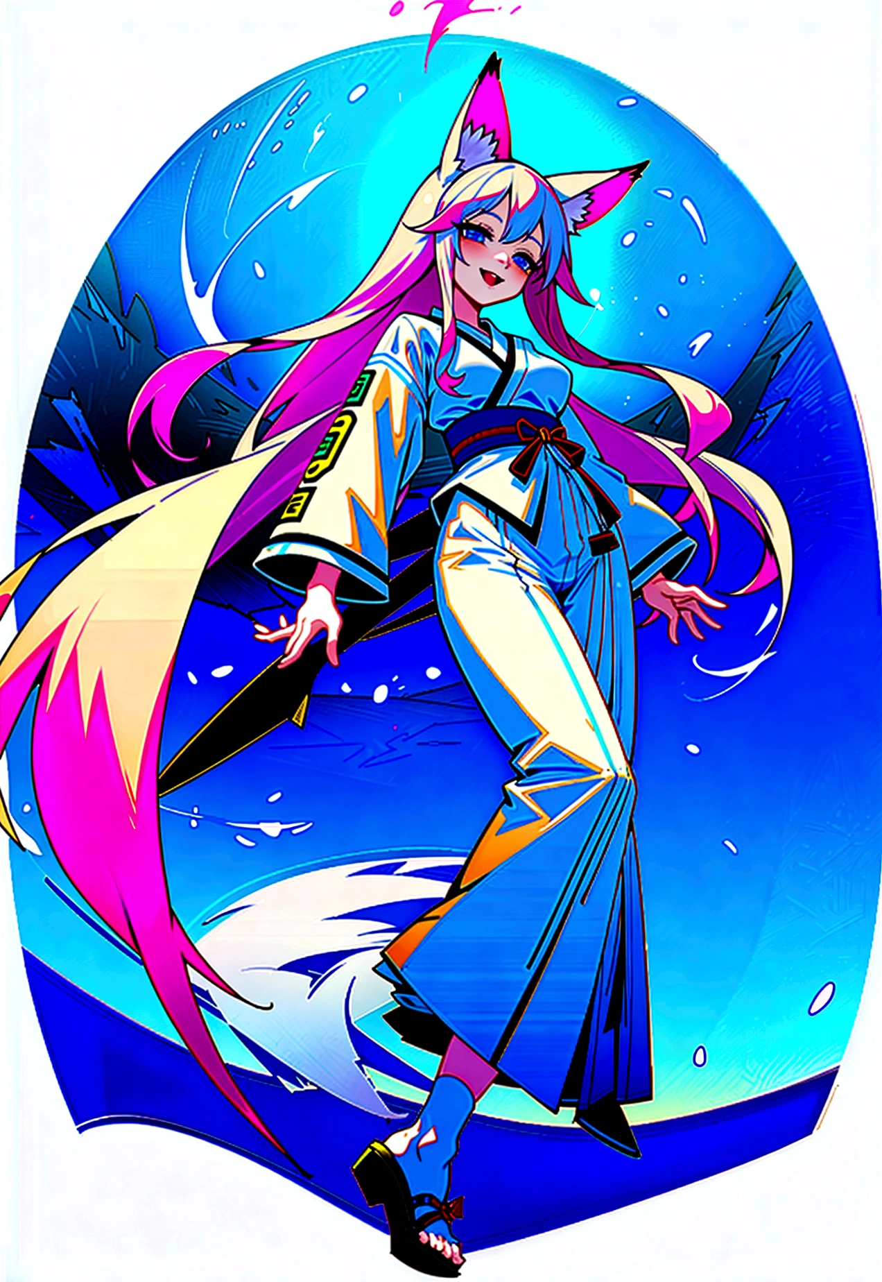 Kitsune human girl in her 20s with long white hair and white fox ears wearing white kimono with a blue belt with a white skirt and shirt socks with a blue ties blue eyes and from below a thin yellow colour holding string bells with a lot of blue sparkles around her and she has nine white tails as she's smiling with her mouth open revealing her fox fangs background holy Shrine in the mountains 