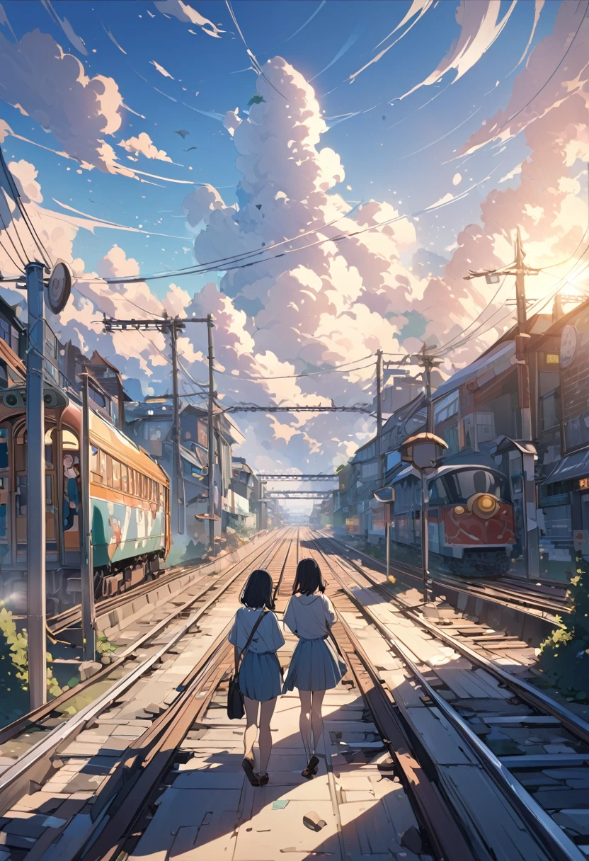 Cartoon train crossing tracks with sky background, A beautiful and harmonious scene, Exquisite animations, Rich details (Width is 672), high quality, Vivid 4K, Artistic 4k wallpapers, Amazing anime scenery, 8k art wallpaper.,high school girl,She is one,stand,Broken Heart,Have a smartphone,Crying
