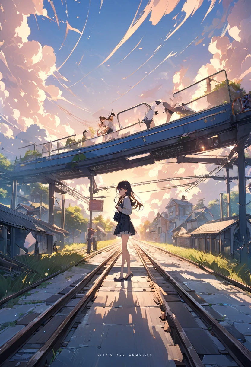 Cartoon train crossing tracks with sky background, A beautiful and harmonious scene, Exquisite animations, Rich details (Width is 672), high quality, Vivid 4K, Artistic 4k wallpapers, Amazing anime scenery, 8k art wallpaper.,high school girl,She is one,stand,Broken Heart,Have a smartphone,Crying