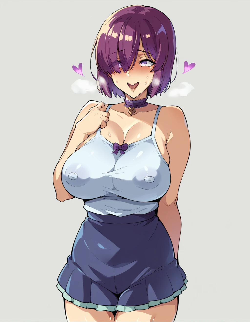 smile、(Mash Kyrielight)、下品なsmile、ahegao、Ultra-detailed illustrations、Ultra-precise expression、masterpiece、Highest quality、ultra High resolution、High resolution、Hiromitsu Takeda Style、White background、Simple Background、One girl、soght purple hair,short hair,hair over one eyes、White camisole、Frilled mini skirt、Open your mouth、Erect nipples、Choker of Hearts、White Breath、Sweat、Glowing Skin、shiny skin、Front angle、View your viewers、stand、
