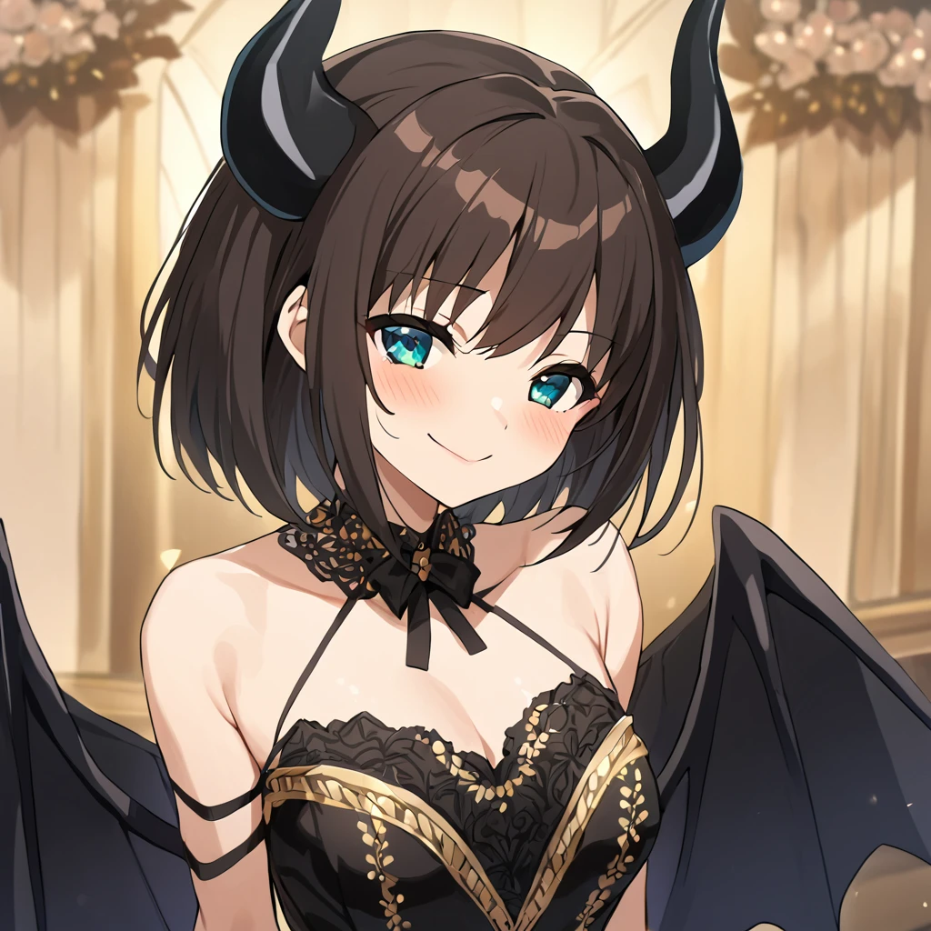 ((Highest quality)), ((masterpiece)), (detailed), （Perfect Face）、The woman is the Devil Queen Haruhi Suzumiya, a female demon wearing a luxurious black wedding dress decorated with gold.、The woman is a female demon with magnificent devil horns, jet black devil wings and a jet black tail. She is looking at the camera with a happy expression, she is the demon Haruhi Suzumiya, she has short brown bob hair and the expression of a girl in love.、The Woman is Haruhi Suzumiya