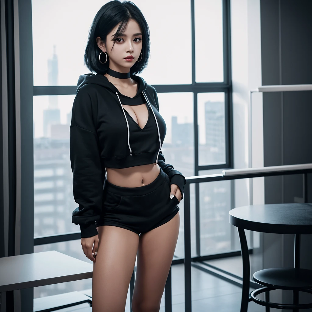 Alone woman Black hair color choker Earrings hoodie Shorts Cafe indoor Detailed Background masterpiece Curvaceous body, precise human body, precise 5-finger, precise High Contrast 4K Exquisite lighting and shadows Cinema Lens Effects Vibrant colors