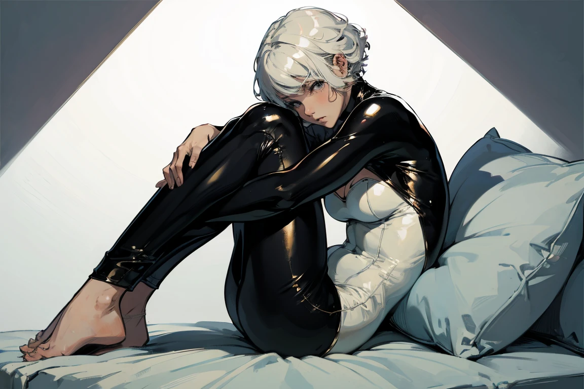(masterpiece, best quality, Full HD), fantasy, floating, very short platinum hair, curled up, hugging knees, sitting on a floating pillow, slim black body suit, barefoot, white background