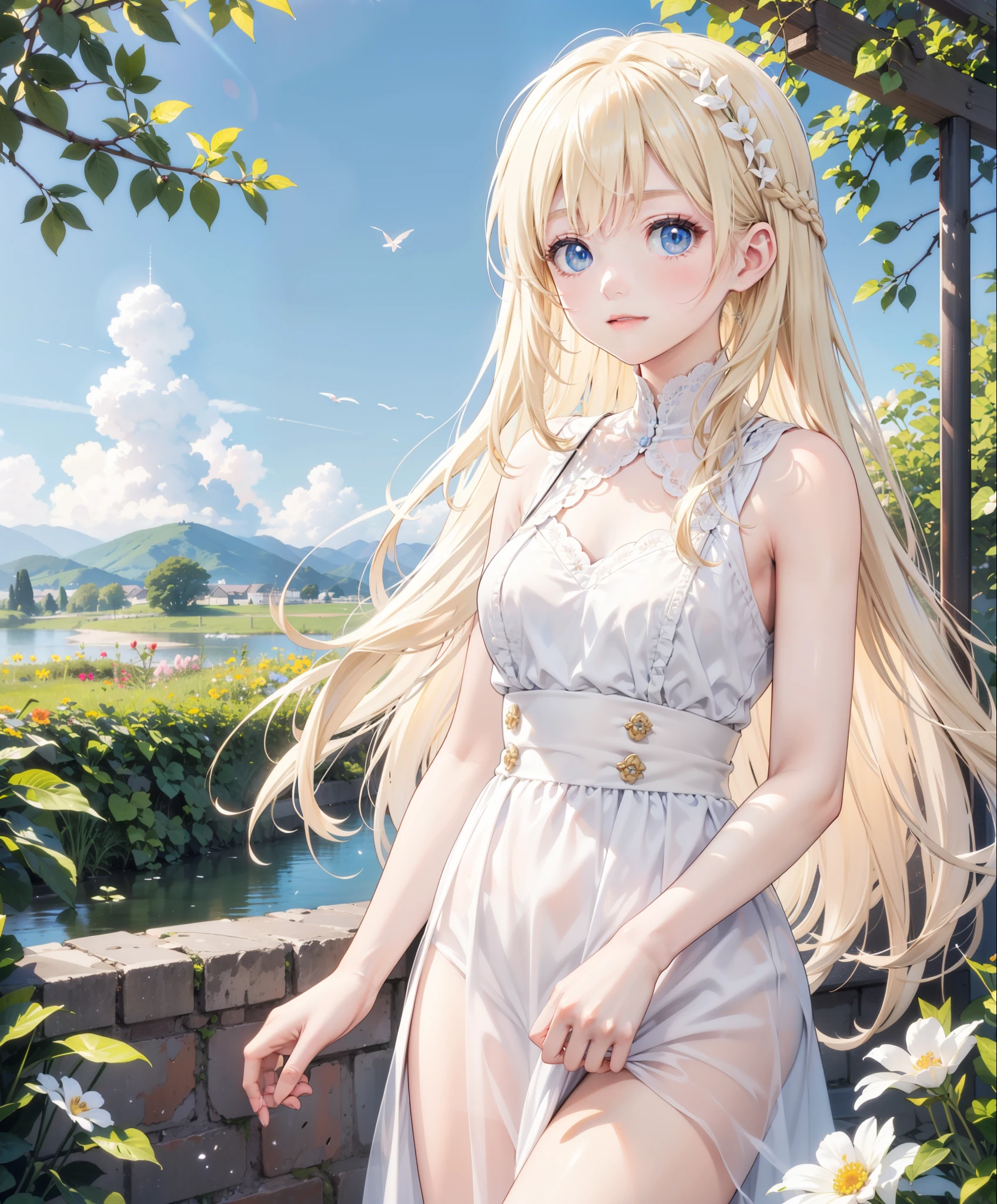 青い目でLight blonde hairの長髪の美女、goddess、White clothes、flower、Detailed landscape、Background Information、masterpiece, garden, blue sky, Light blonde hair, Long Hair, Long eyelashes、