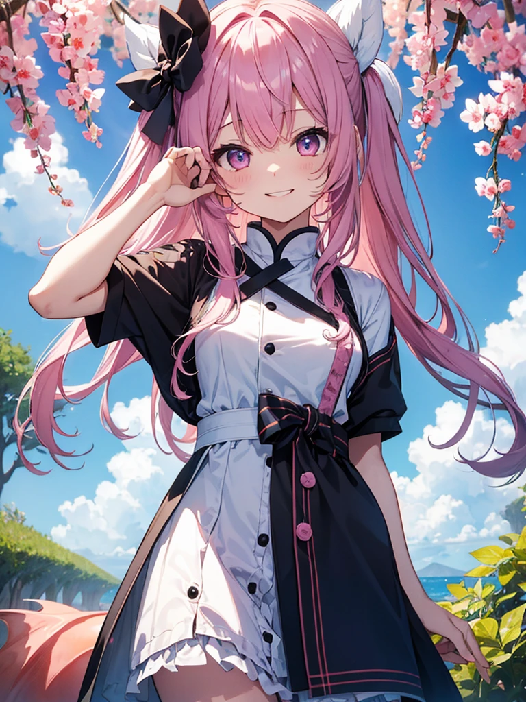 Summer sky、noon、One girl、Pink Hair、Dragon、Personification、Big Eyes、Grinning
