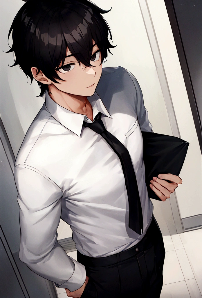 1 male, white shirt, black trouser, black hair, black eyes, tall,school boy