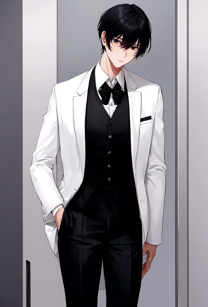 1 male, white shirt, black trouser, black hair, black eyes, tall,school boy