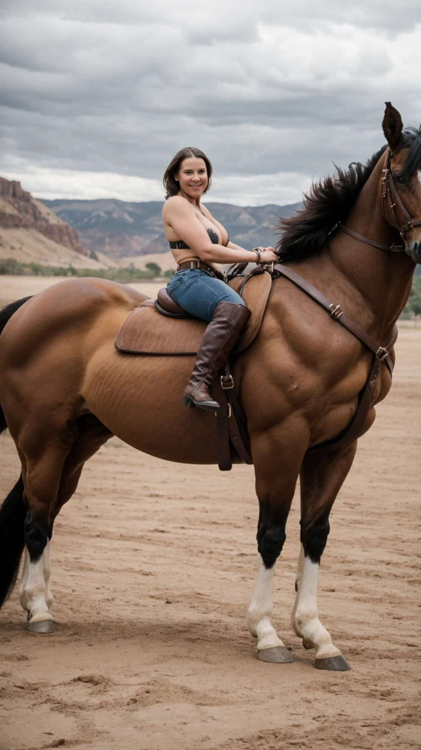 Solo milf, cowgirl at western, hot fleshy cougar, leather bikini top, leather hotpants with cowboy belt, cowboy boots, fullbody pose, revolver holster on thigh, surrounded by wildwest canyon view vibe while riding a stallion-horse with impressive huge horse cock),BREAK, (masterpiece),(best quality),(masutaa piisu),BREAK, the horse is displaying its huge horse-penis,must generate horse cock for the stallion-horse, riding on a horse, cloudy dark sky,