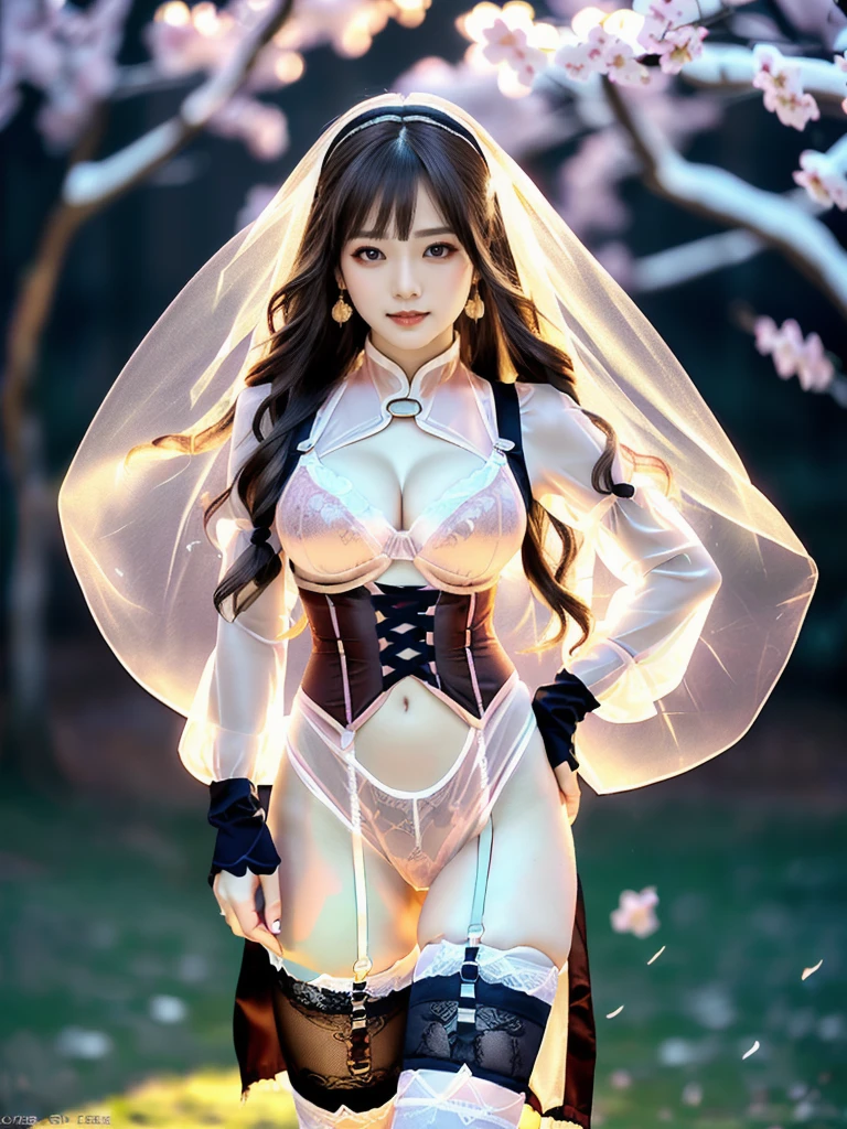 An Asian Chinese female model, (background:Room),(background:night), (8K Ultra HD, Digital SLR Camera, Soft Light, high quality, Volumetric Lighting, frank, photo, high resolution, 4K, 8K, Bokeh), ((Create stunning images of real girls), warm light, Dynamic poses, Elegant Posture, Cowboy lens, Full body front view, From the front,Be confident, Front of the body facing the camera, Standing posture facing the camera, Open your legs slightly, Golden Ratio Graphics, Minimalism), (Show a charming smile, Willow Leaf Eyebrows, big eyes, Apricot eye prick, Cherry Blossom, Balanced Eyes, Oval face, Pretty Face, Normal facial features, Skin is transparent and visible, Thin skin and tender meat, cosmetic, earrings, bracelet, necklace, Jewelry, veil, Hair accessories), (Brown hair, Wavy curly hairstyle, Waist-length hair, Messy Hairstyle, Gradient hairstyles, Cyberpunk hairstyle), ((Transparent clothes:1.5), (Color of clothes:Periwinkle color), See-through clothes, Lace clothes, Mesh clothes, Transparent mesh Hanfu, Lace sexy lingerie), (Sexy, Perfect breast shape, Teardrop-shaped chest shape, Snow-white breasts, very detailed breasts, 34E cup, Exposing the southern breast), (Super high waist clothes, Waist hollow,(Camel toe, High fork strangulation)), (Black socks, Sheer lace knee socks, 吊garter, Leg ring, garter, 腿部garter)