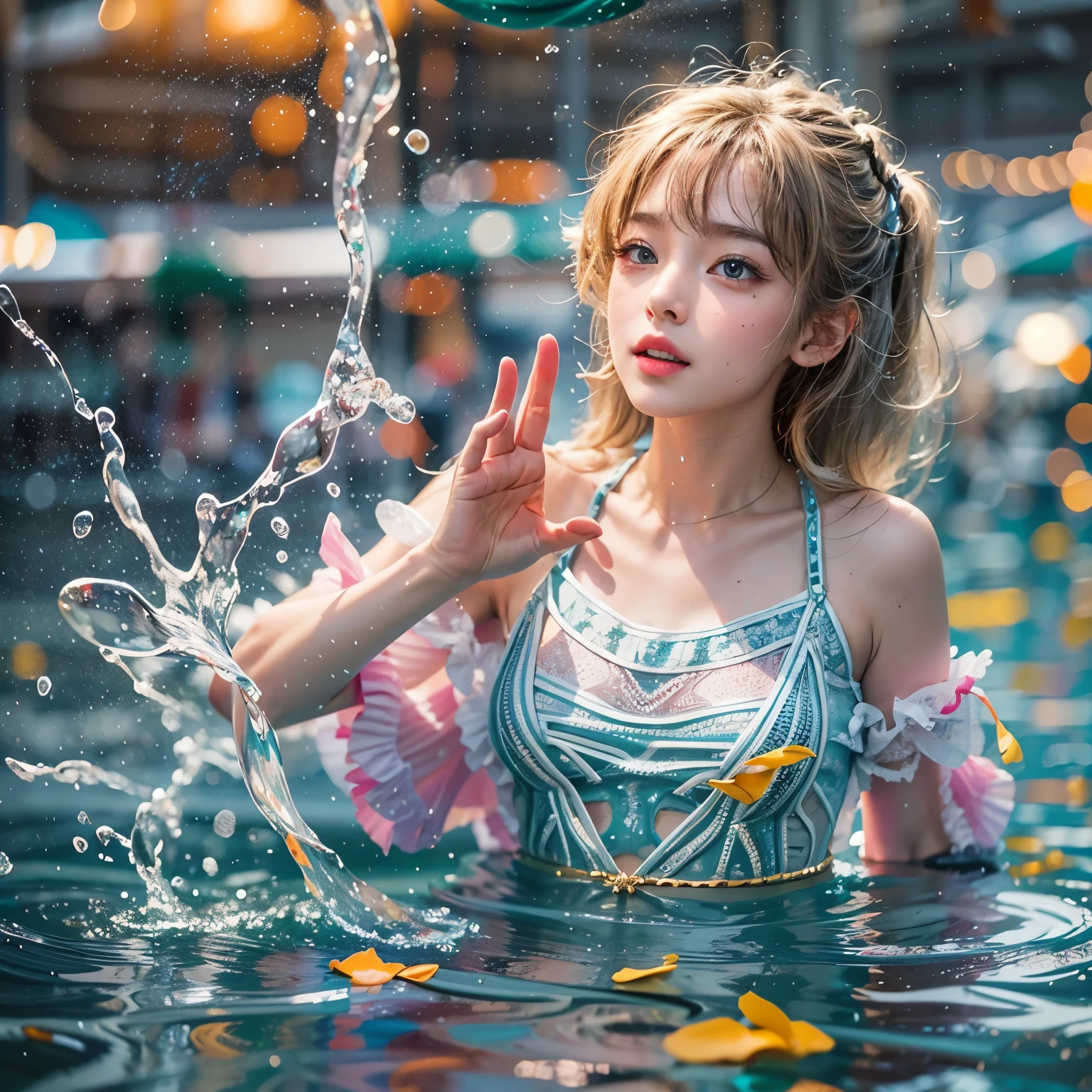 (8K TopQuality masterpiece: 1.2)(Realistic ProfessionalPhoto:1.37), VolumetricLighting. Tiny Girls, girl jumping into the water、Falling、splash water、shout、Luminous water surface、White and Bright colors, back lighting, Radiant PearlSkin, sparkling highlights, Detailed KAWAII face with cute lips, long eyelashes, Delicate clothes, (Uncorrected Hand:-1) accurate dissection Gaku's body and hands, four fingers and one thumb,