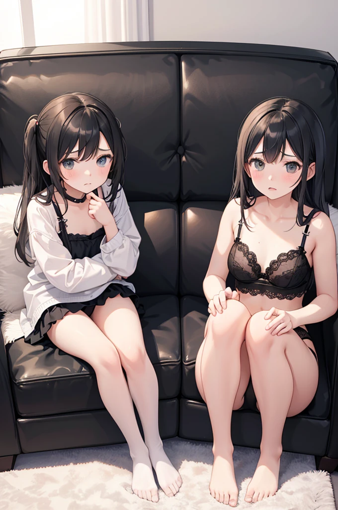 two  girls, sitting on a sofa, sitting opposite the viewer, in black underwear, in black stockings, marks from shackles on their hands, unhappy, upset, tired, one of the girls on her knees, beautiful,multiple girls