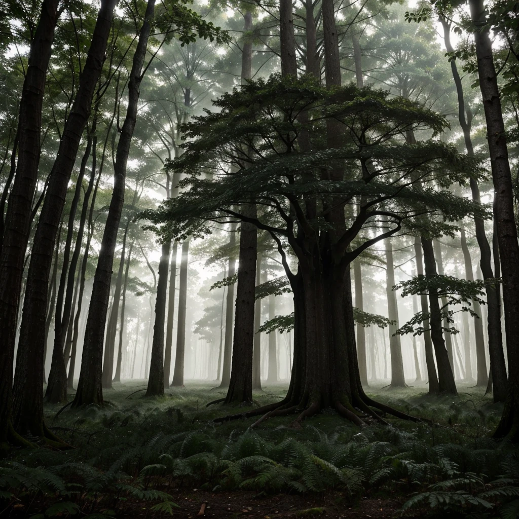 In a misty forest, a large tree stands alone in the middle, its dense leaves covering a vast area. No other trees are nearby, making its presence even more striking.