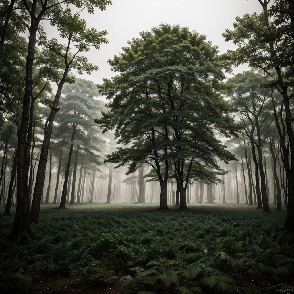 In a misty forest, a large tree stands alone in the middle, its dense leaves covering a vast area. No other trees are nearby, making its presence even more striking.