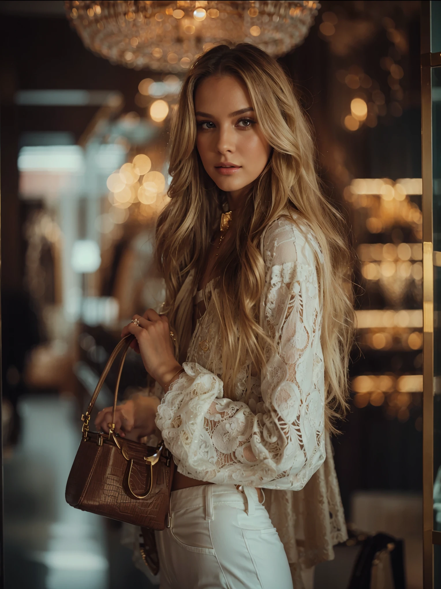 A high-fashion, glamorous photoshoot of a stunning female model with long, wavy blonde hair and a poised expression. She is wearing a detailed white lace blouse and high-waisted white pants. The setting is a luxurious, upscale boutique with elegant lighting and chandeliers in the background, creating a warm, opulent ambiance. The model is holding a stylish brown handbag with gold accents, showcasing an aura of sophistication and style.