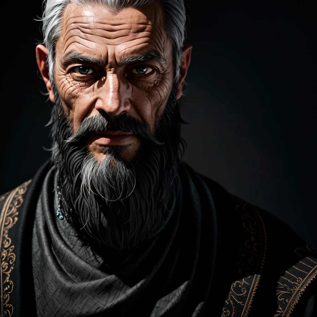A symmetrical portrait of a black magician, bearded, wrinkled, weathered, with piercing eyes, face detailed, High details, fot, dark studio, rim-light, Nikon D850, 50mm, f/1.4