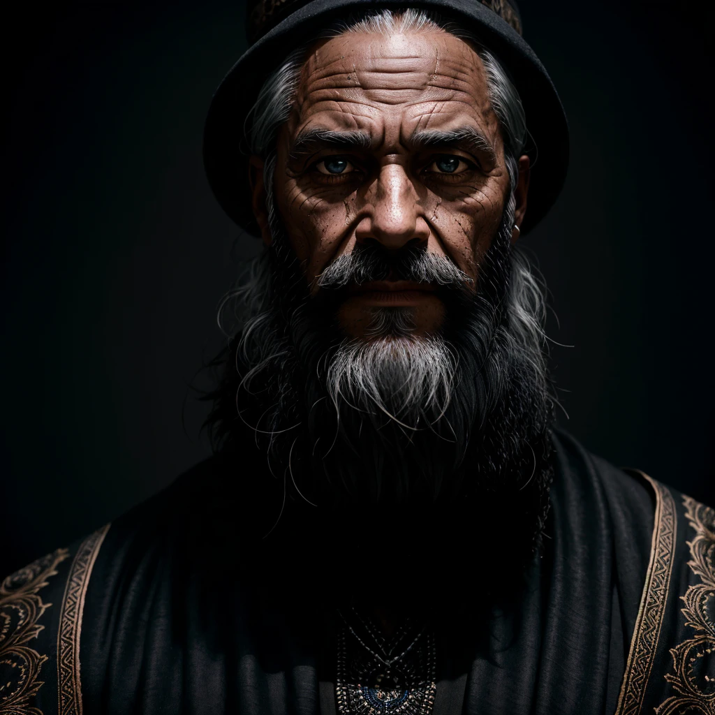 A symmetrical portrait of a black magician, bearded, wrinkled, weathered, with piercing eyes, face detailed, High details, fot, dark studio, rim-light, Nikon D850, 50mm, f/1.4