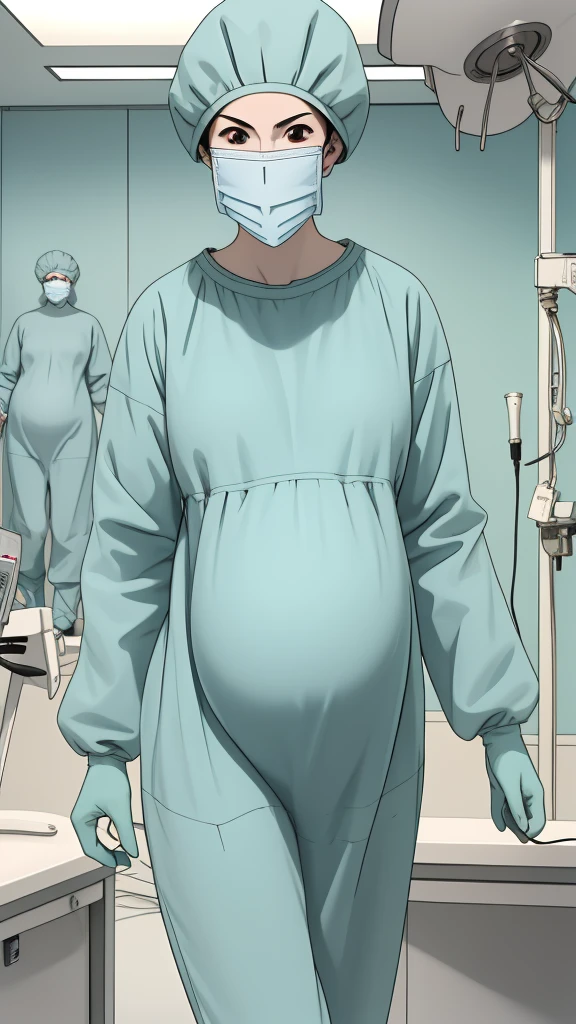 masterpiece, highest quality, source_anime, the view is turned slightly to the side, upper body, (RAW photo, best quality), 1girl, long hair, frown, pale skin, shy eyes, big breasts, big tits, pregnant, stand, natural lighting, solo, hospital, in the operating room, 
ray kasugano, pregnant with big belly, (give a score of 9_give a score of 8_give a score of 7) long sleeve Surgical dress, bouffant cap, cover the ears, surgical mask, long surgical gloves, 