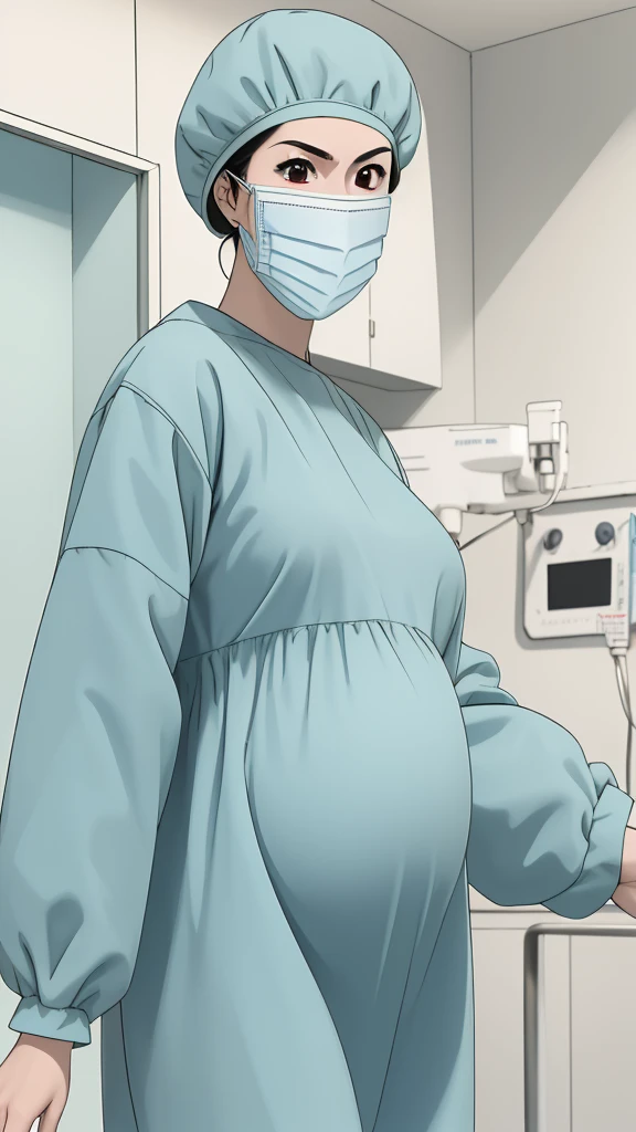 masterpiece, highest quality, source_anime, the view is turned slightly to the side, upper body, (RAW photo, best quality), 1girl, long hair, frown, pale skin, shy eyes, big breasts, big tits, pregnant, stand, natural lighting, solo, hospital, in the operating room, 
ray kasugano, pregnant with big belly, (give a score of 9_give a score of 8_give a score of 7) long sleeve Surgical dress, bouffant cap, cover the ears, surgical mask, long surgical gloves, 