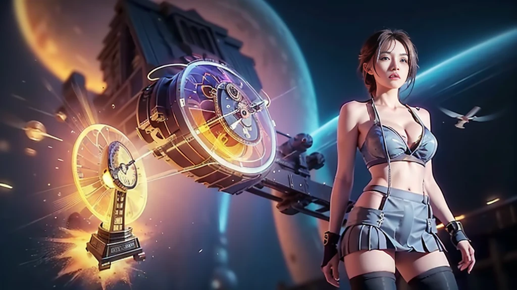 At night, (((aerial view of futuristic sci-fi cyberpunk city, skyscrapers, (((flying cars))), (vortex-spirit-spreading giant ghost hologram (((clock tower))) as time machine), high quality))). Matrix style, (1girl, solo), photo realistic, (((large-breast:1.2 slim body, cleavage:1.3, perfect face, tube top, short pleated (((miniskirt)))))), (((((matrix style black (sunglasses), aiming at viewer with a (mini rifle):0.3))))), (((dynamic pose, half-body (thigh level) medium shot))), cinematic lighting.