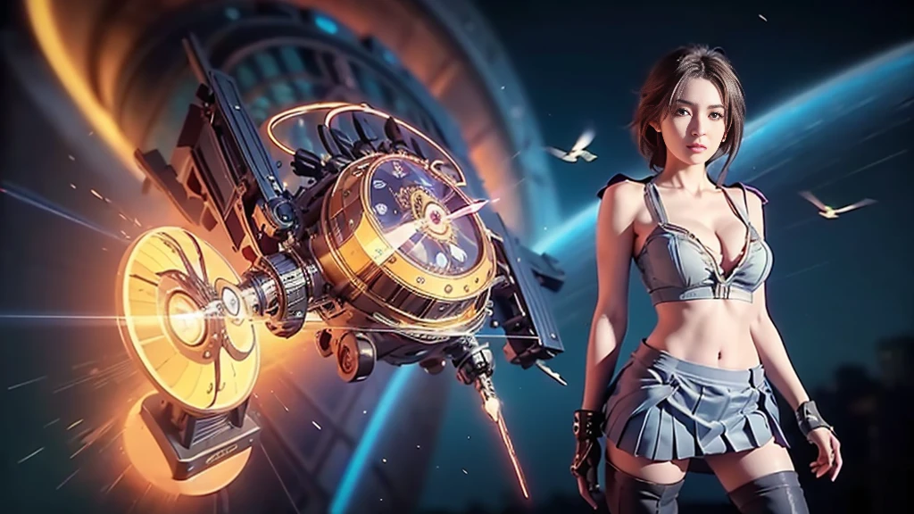 At night, (((aerial view of futuristic sci-fi cyberpunk city, skyscrapers, (((flying cars))), (vortex-spirit-spreading giant ghost hologram (((clock tower))) as time machine), high quality))). Matrix style, (1girl, solo), photo realistic, (((large-breast:1.2 slim body, cleavage:1.3, perfect face, tube top, short pleated (((miniskirt)))))), (((((matrix style black (sunglasses), aiming at viewer with a (mini rifle):0.3))))), (((dynamic pose, half-body (thigh level) medium shot))), cinematic lighting.