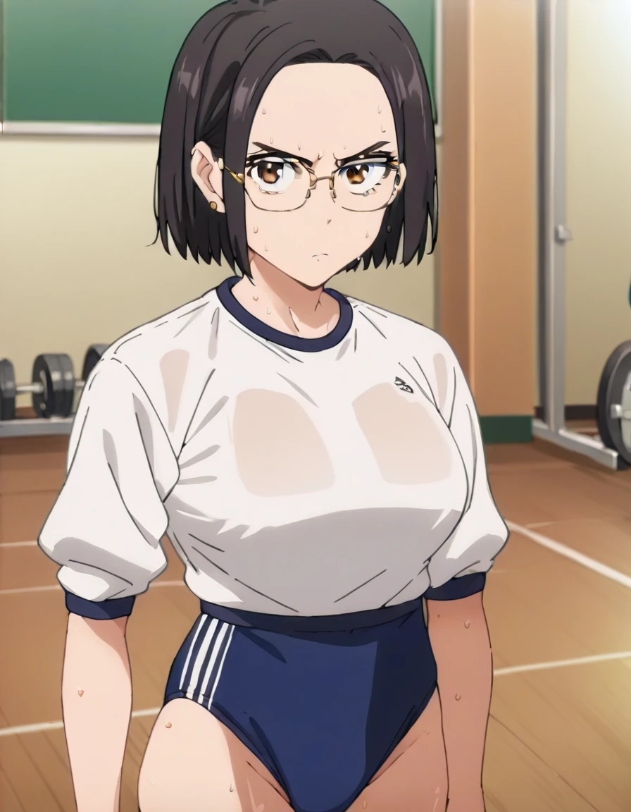 score_9, score_8_up, score_7_up, score_6_up, score_5_up, score_4_up, BREAK, source_anime, anime screencap, anime coloring, 1girl, stiff-looking beautiful female teacher, solo, perfect anatomy, black hair, medium bob hair, asymmetry_bangs, forehead, brown eyes, hair behind ear, glasses, serious, looking at viewer, sweat, (skintight, very tight gym uniform, white shirt, shirt-in, under sized micro blue buruma, zettai ryouiki white thighhighs), sagging huge_breasts, tarechichi, erect nipples, thigh gap, indoor, gym, hand on hip, standing, (unshaven hairy natural public hair:1.2)