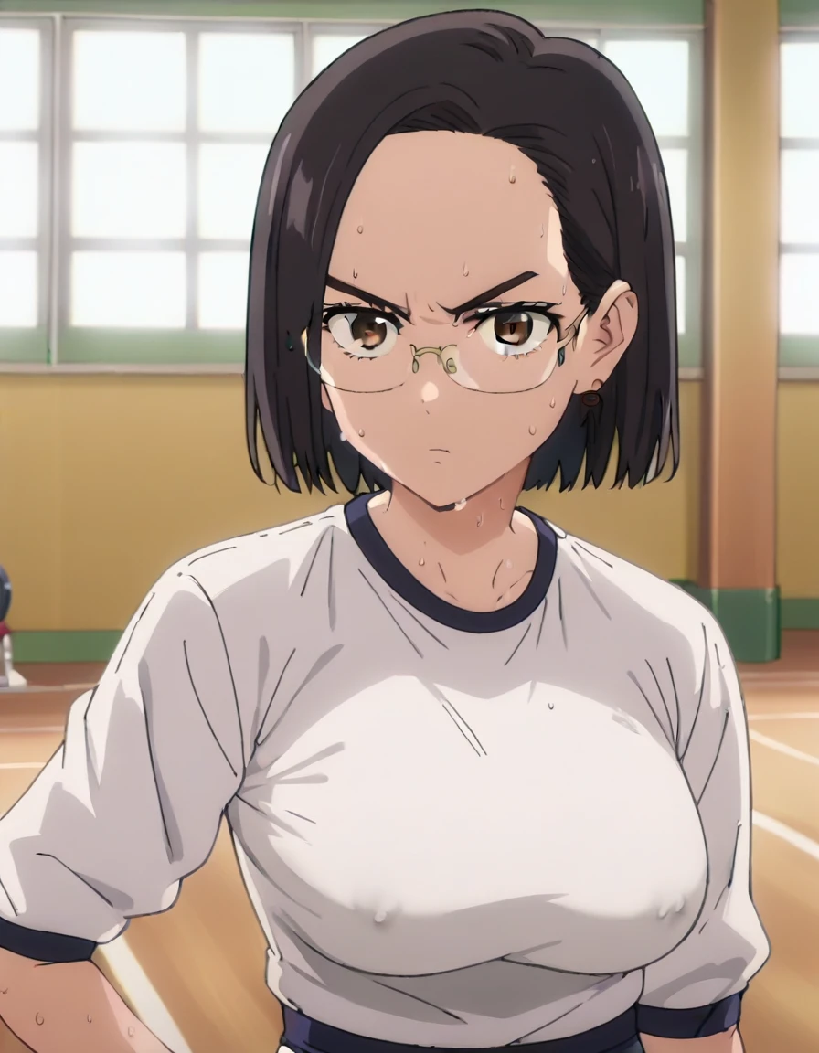 score_9, score_8_up, score_7_up, score_6_up, score_5_up, score_4_up, BREAK, source_anime, anime screencap, anime coloring, 1girl, stiff-looking beautiful female teacher, solo, perfect anatomy, black hair, medium bob hair, asymmetry_bangs, forehead, brown eyes, hair behind ear, glasses, serious, looking at viewer, sweat, (skintight, very tight gym uniform, white shirt, shirt-in, under sized micro blue buruma, zettai ryouiki white thighhighs), sagging huge_breasts, tarechichi, erect nipples, thigh gap, indoor, gym, hand on hip, standing, (unshaven hairy natural public hair:1.2)