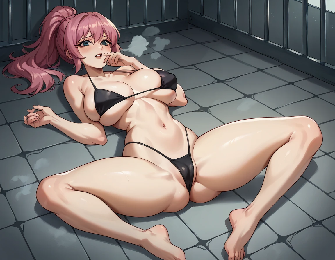 Masterpiece , best quality , Masterpiece , best quality , 1 woman , Pink ponytail , bulge , steam , black bikini , abdomen , big breasts , Lie down on the floor.. , spread your legs , prison
