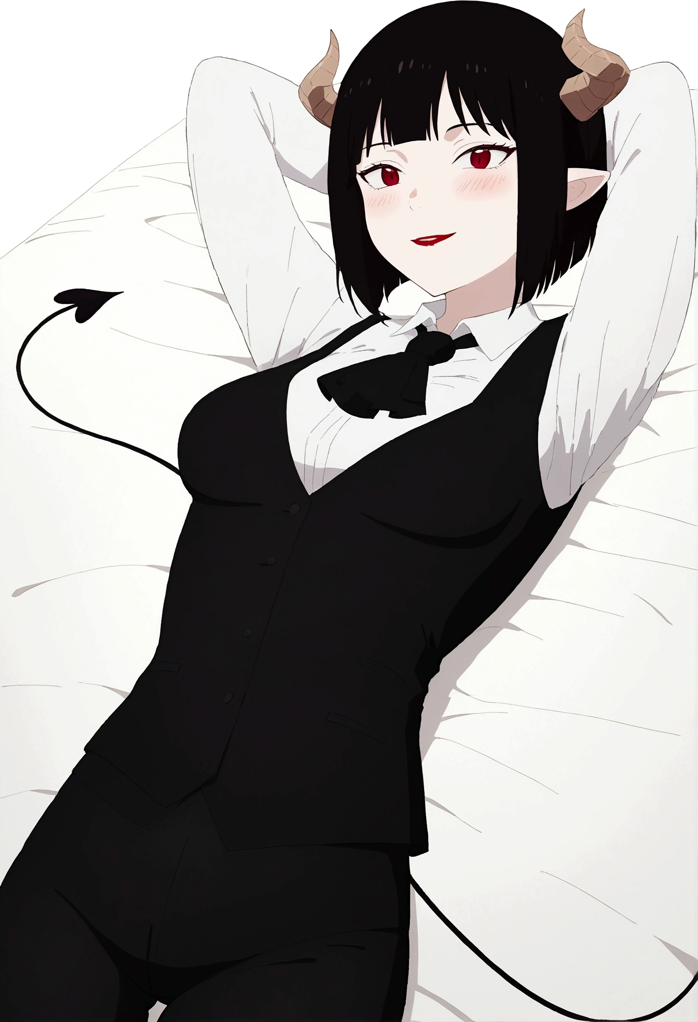 juri han,work of art, best qualityer, high resolution, 1girl horns short hair demon tail, white shirt black ascot black gloves black pants black vest lying on your back, sheet, arms behind the head,blushed,face red,cos,ssmile,background red