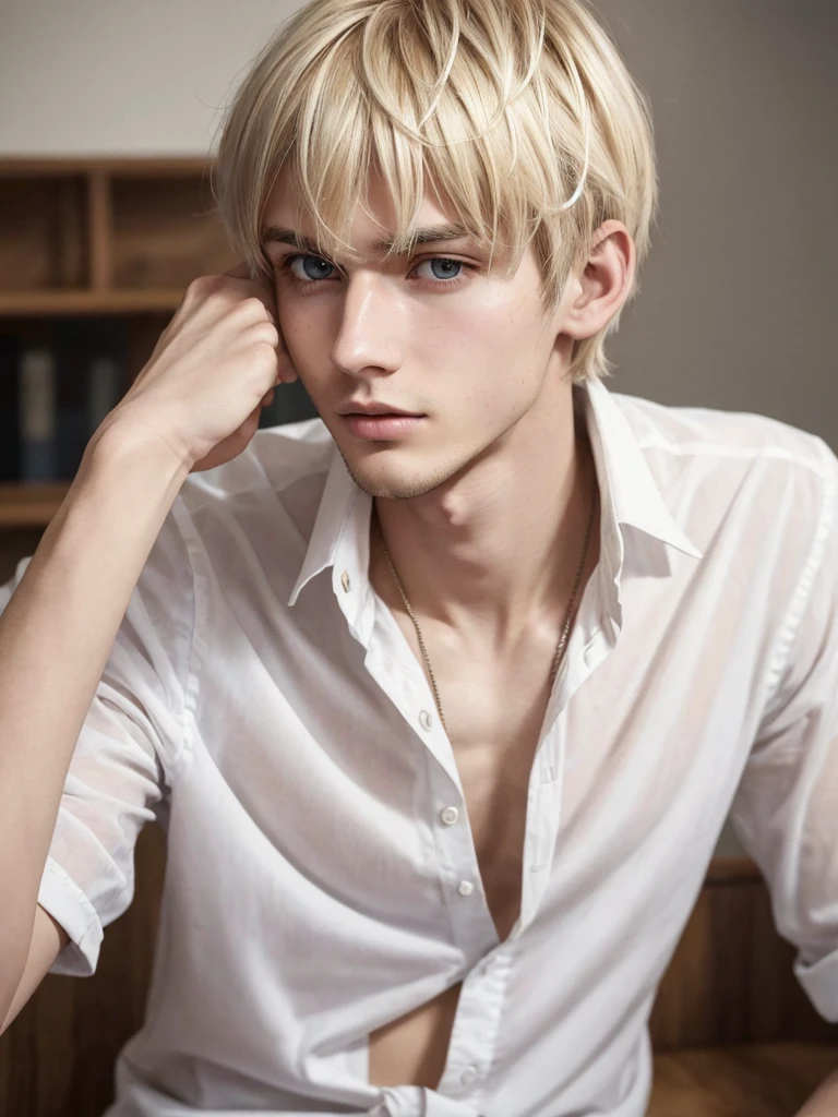 (best quality), 1boy, Male, 24 years old, young man, white skin, blonde hair, scruffy hair, messy bangs, bangs over eyes, short hair, brown eyes, perfect eyes, Denji, dark circles under eyes, lean, lanky, slender, clear face, tired, white shirt, masculine, masterpiece, anatomically correct, highres
