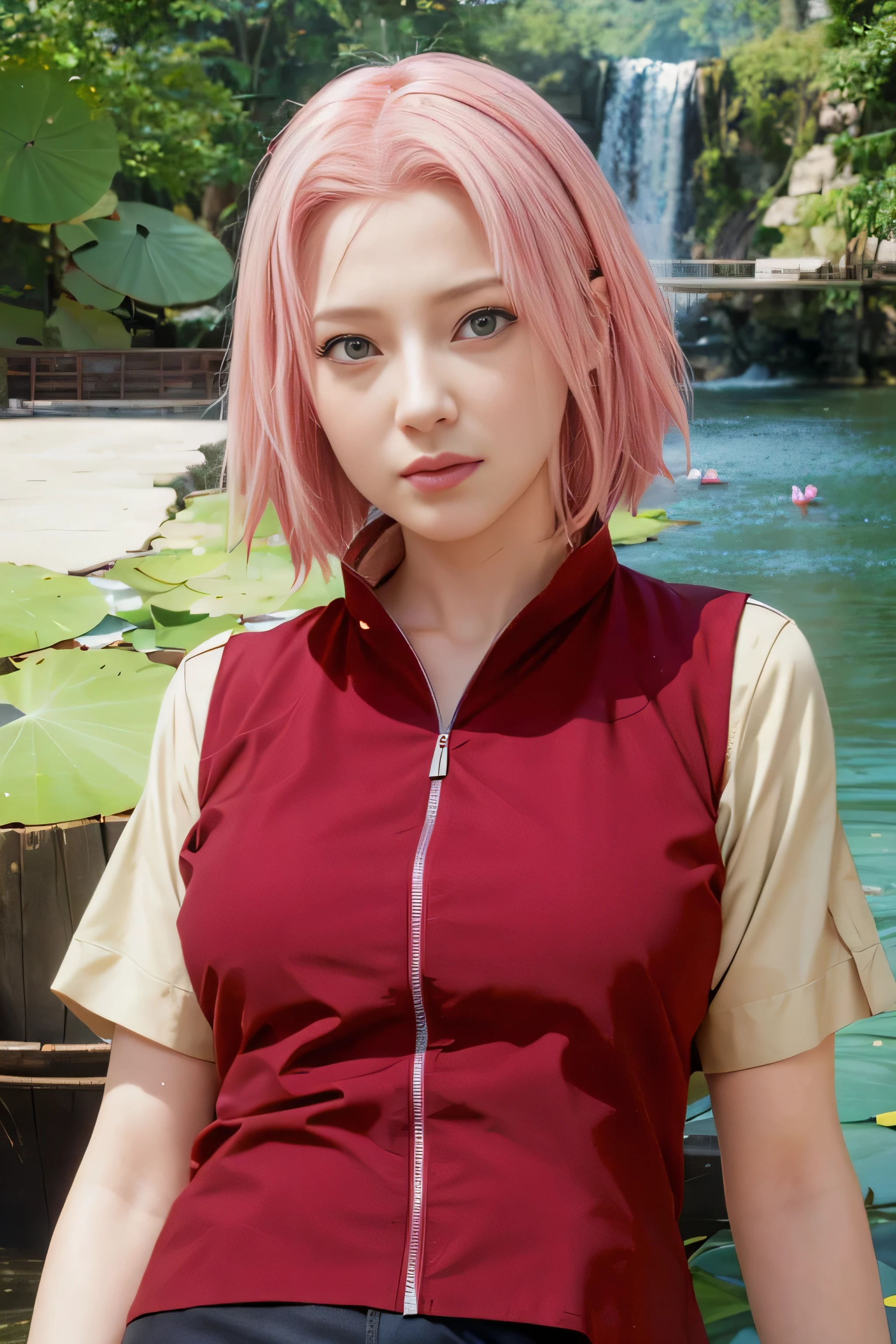 masterpiece, best quality, (realistic,photo-realistic:1.4), (RAW photo:1.2), extremely detailed CG unity 8k wallpaper, delicate and beautiful, amazing, finely detail,official art, absurdres, incredibly absurdres, huge filesize, ultra-detailed, extremely detailed, extremely detailkcaled girl,extremely detailed eyes and face, light on face,little smiles,(short hair:1.3),(pink hair:1.3),water,nature,small breast,sakura haruno,(wearing red shirt:1.4),(nature backround:1.4),(water lily:1.3)