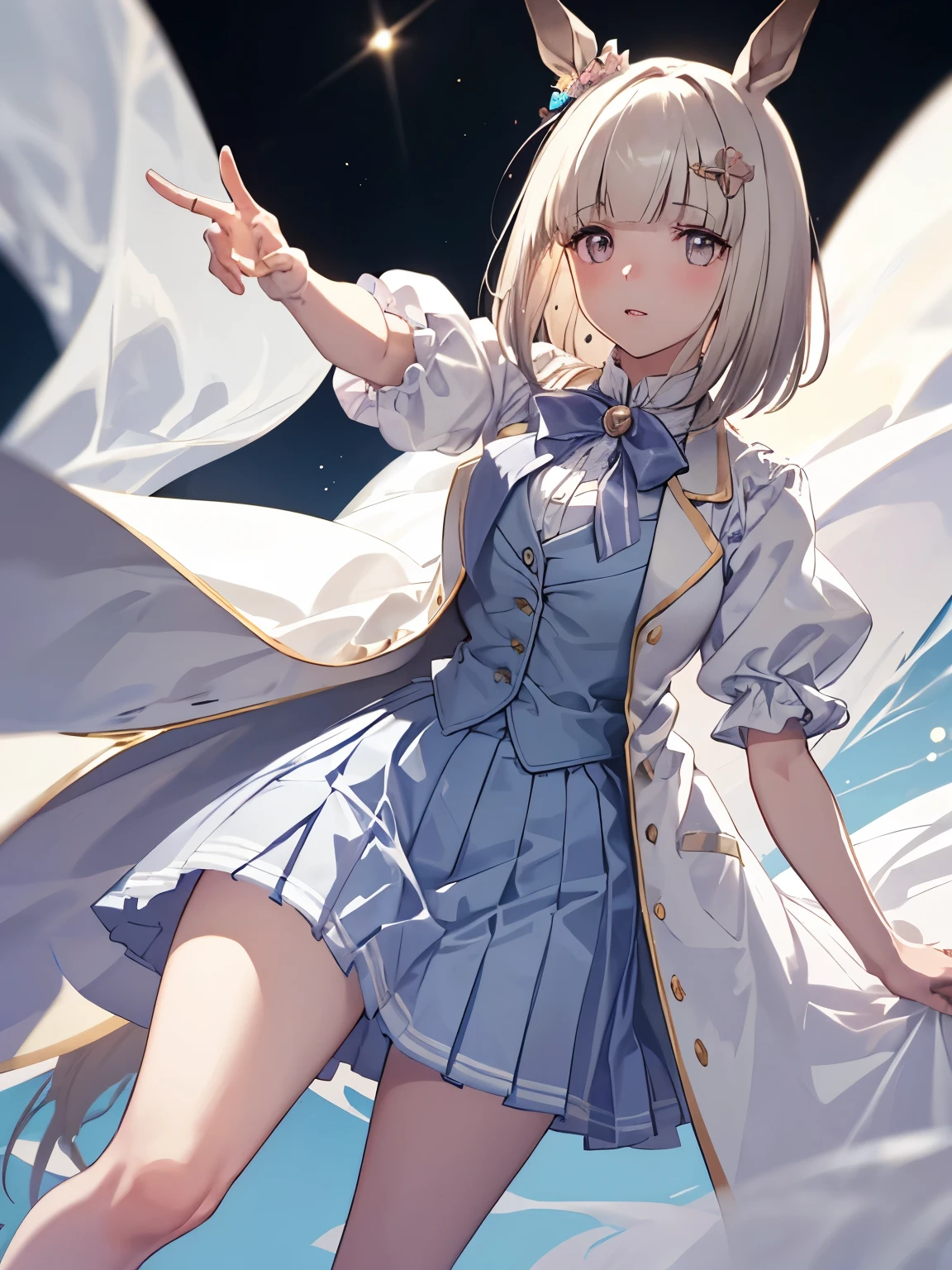 Mik, 1 girl, Solo, Best Quality, masutepiece, 8K, High resolution, Ultra-detailed, bob hair, reach arm for viewer, horse ears, horse tail, long coat, front opened, off white coat, short sleeves, puffy sleeves, pastel blue vest, pastel blue skirt, pleated skirt, large bowtie, short boots,