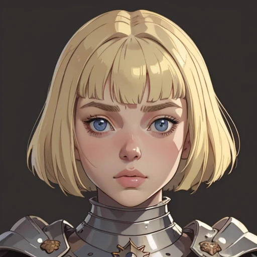 (masterpiece), (best quality),(portrait),(bust up),1girl,solo,(sharp focus),(look at viewer),blond hair,dwarf girl,dwarf,farnejour, bob cut,((bangs on eyes)) ,fat ,ancient luxurious long clothes,armor,(simple background),old school fantasy art,super shiny face,Ultra Glossy Skin,(lips:0.7)