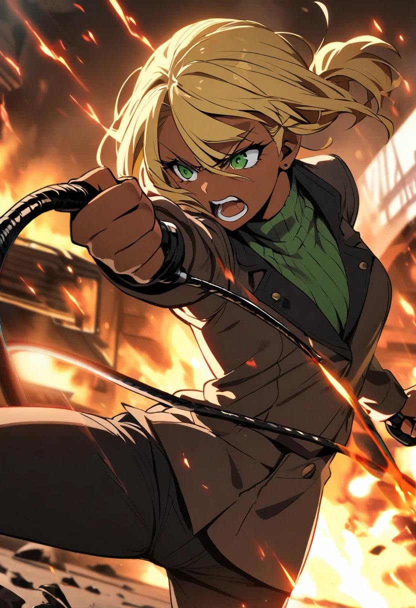 girl, dark skin, blond hair, green eyes, using whip, violent, cool
