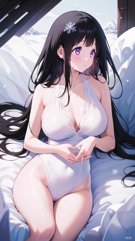 Chitanda,只有一个beautiful girl,Purple Eyes, Black Hair, Natural straight hair, Straight bangs,Extremely refined,open your lips,Face is so red,Very white skin,Skin as delicate as porcelain,Glowing skin,big eyes,Flowing long hair,beautiful girl, Like a dream,Slim,Slim waist,Soft, (Sensual), (Kawaii), Dream quality,Sweaty and sweaty,Wet skin,Side breasts,snowflake,Playing in the snow on the snow mountain,White transparent dress,Profile,(Completely naked),Gluteal groove,The outline of the breasts is visible through clothing,Completely naked的背部,nacked hip,very close,Deep V neckline,Loose neckline,Beautiful big breasts,No pants,nopan,no pants,Bare shoulders,There are no shoulder straps,Exposed collarbone,Delicate clavicle,Delicate hands and feet,Bare neck,There are no clothes around the neck,Bare thighs,Exposed groin,Camel toe,extremely shy,Ultra-high resolution, (masterpiece:1.2, best quality), (Delicate and beautiful eyes: 1.2), (Beautiful and delicate face)