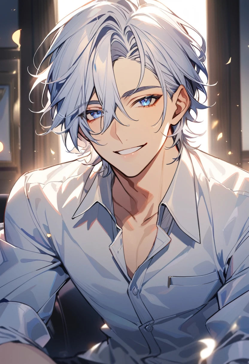 Handsome, solo, 1 male, short hair, gold eyes, white hair, smile facial, ((shirt)), blue eyes, загадочное выражение лица, (((загадочная улыбка)))