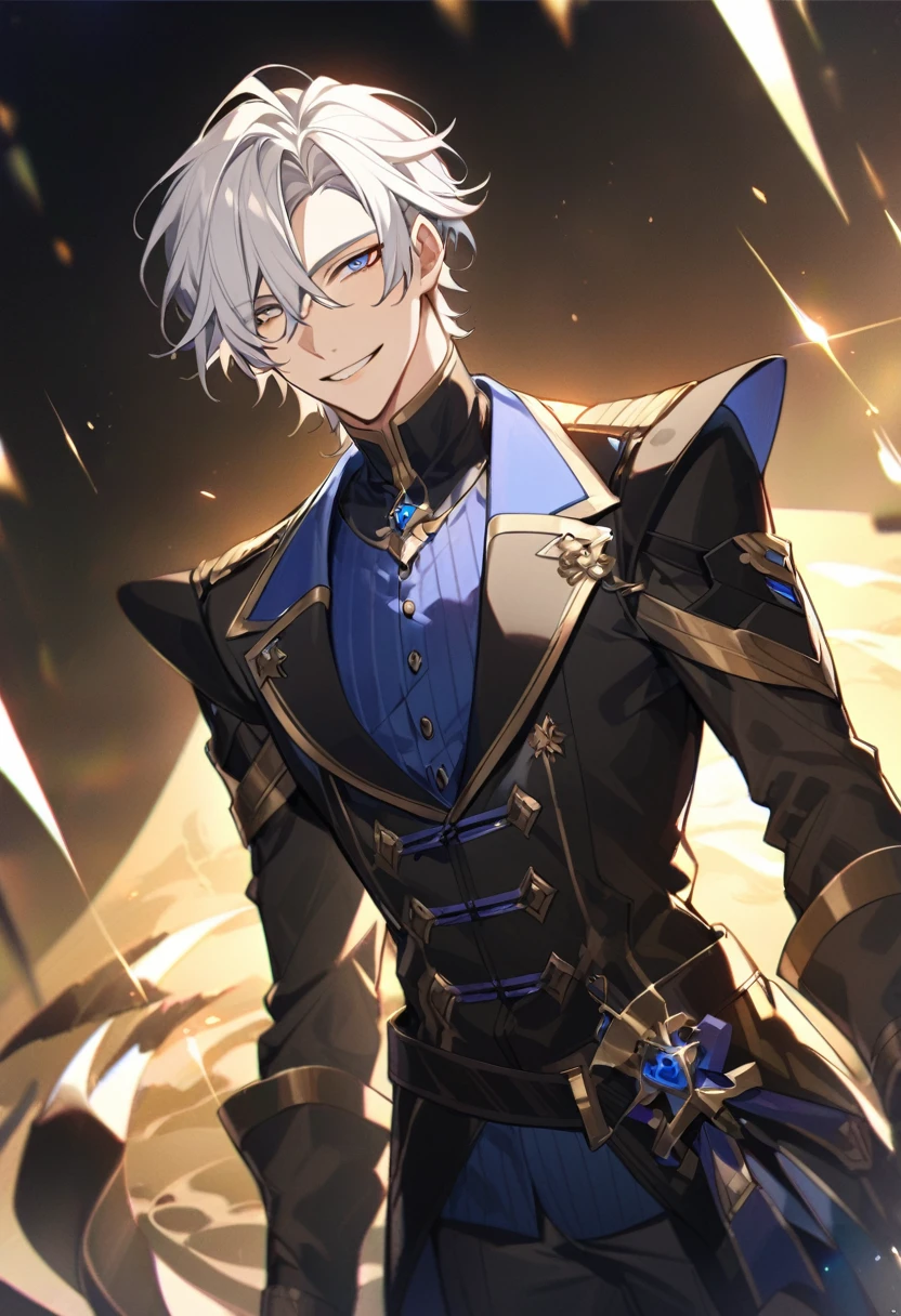 Handsome, solo, 1 male, short hair, gold eyes, white hair, smile facial, ((shirt)), blue eyes, загадочное выражение лица, (((загадочная улыбка)))