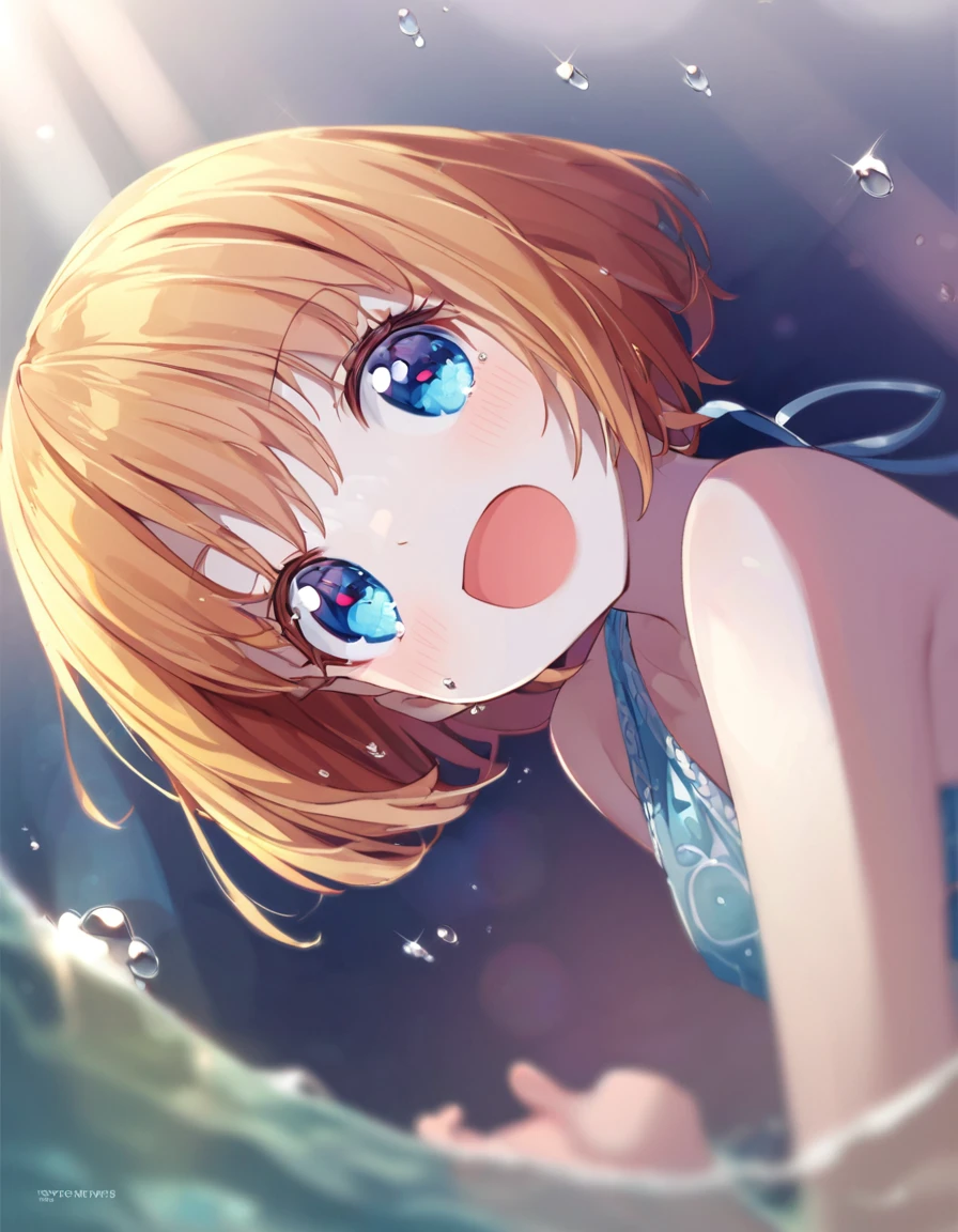 A cute girl in a swimsuit(original bikini swimsuit)(Small body) (:1.5), (blonde:1.5)(eyelash:1.2)(eye shadow:1.3) (Blue eyes:1.5), (Beautiful fine details:1.4) (Short Bob Hair:1.4), (Blue eyes)(Big Breasts:1.3) (White skin:1.2)Height: 130cm, original character, Fantasy, View Viewer Art: (A girl with beautiful deep eyes. The depth of field in the photo is perfect、Lens flares create a nice atmosphere. The details of her face really stand out, This photo definitely gets a 10 or more.. background, There is a beautiful sea with crystal clear water and water droplets floating on the surface. Laughing happily