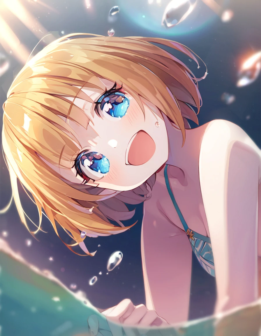 A cute girl in a swimsuit（original bikini swimsuit）(Small body) (Little Girl:1.5), (blonde:1.5）(eyelash:1.2)(eye shadow:1.3) (Blue eyes:1.5), (Beautiful fine details:1.4) (Short Bob Hair:1.4), (Blue eyes)(Big Breasts:1.3) (White skin:1.2)Height: 130cm, original character, Fantasy, View Viewer Art： (A girl with beautiful deep eyes. The depth of field in the photo is perfect、Lens flares create a nice atmosphere. The details of her face really stand out, This photo definitely gets a 10 or more.. background, There is a beautiful sea with crystal clear water and water droplets floating on the surface.　Laughing happily
