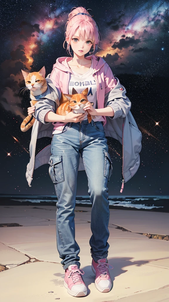 (((Holding a cute orange bantam cat in both hands)))，((Highest quality，masterpiece，Full frontal view of a super mature and tall beauty，Air bangs，Blue gray high ponytail super long straight hair，Slightly curly hair on double sideburns，Hair ends curled in，Gray and pink short T-shirt，Light blue denim gray hooded jacket，Black and gray long and wide cargo pants，Pink and white sneakers，Show one collarbone))，(((Look at the camera head-on)))，starry sky galaxy background