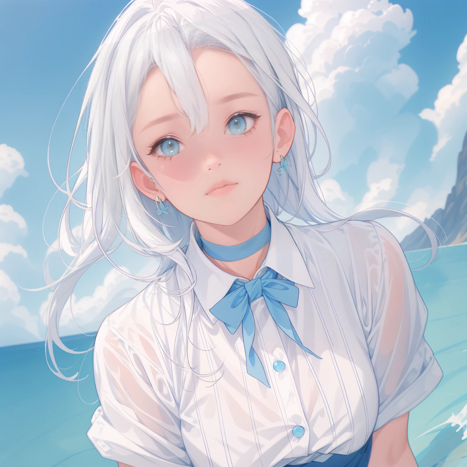1 ,Blue Pupil,toenails,hand on own face,White hair,sky blue eyes,(blush:1.1),choker,blue sky,lesbian full body,shivering,sweat,Gotas de sweat,dream magical,(speed line:1.1),medium breasts, ((rough breathing:1.3)), cure, butterfly earrings, top cut, pleasure, loud and cold,high quality 4k