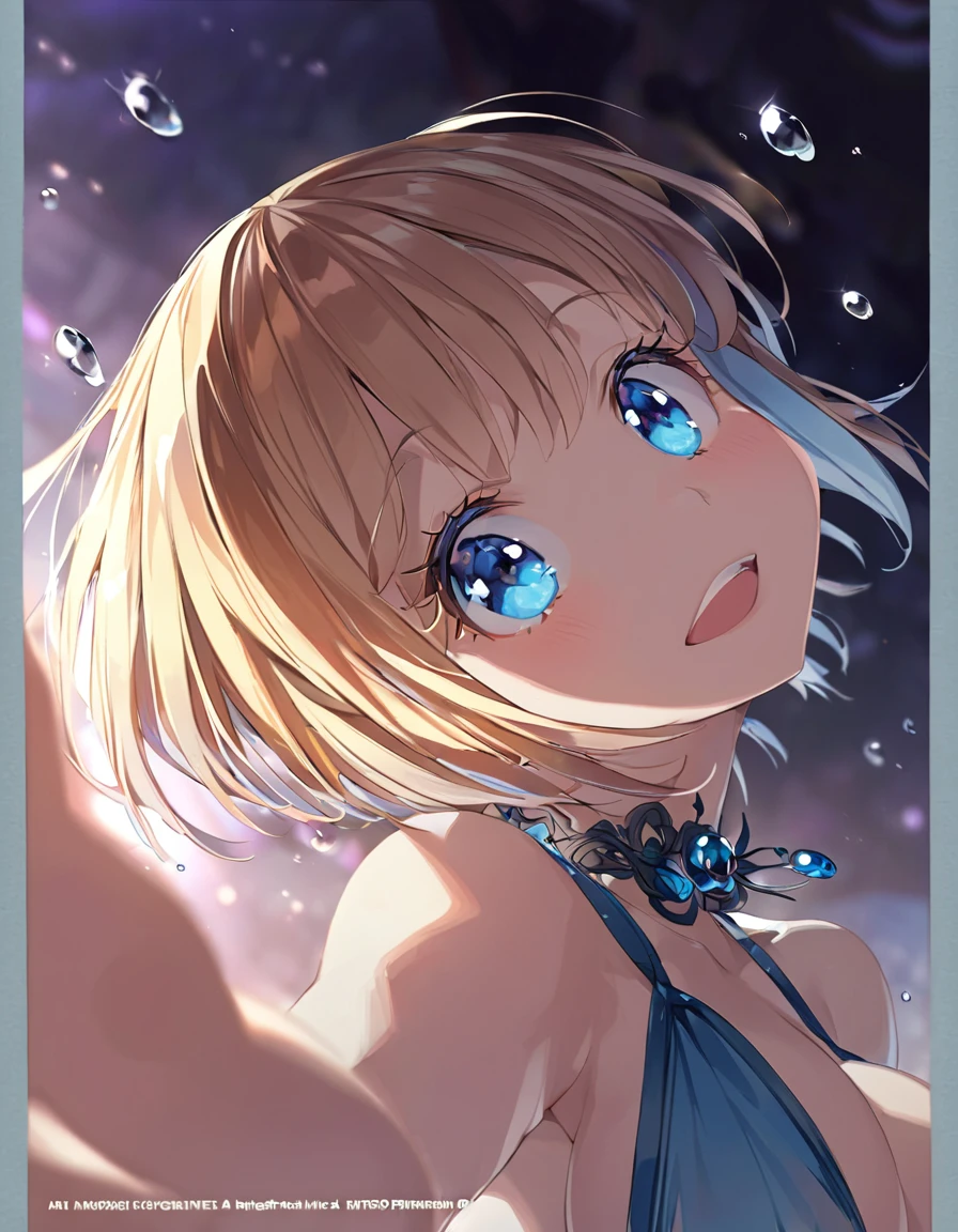 A cute girl in a swimsuit（original bikini swimsuit）(Small body) (Little Girl:1.5), (blonde:1.5）(eyelash:1.2)(eye shadow:1.3) (Blue eyes:1.5), (Beautiful fine details:1.4) (Short Bob Hair:1.4), (Blue eyes)(Big Breasts:1.3) (White skin:1.2)Height: 130cm, original character, Fantasy, View Viewer Art： (A girl with beautiful deep eyes. The depth of field in the photo is perfect、Lens flares create a nice atmosphere. The details of her face really stand out, This photo definitely gets a 10 or more.. background, There is a beautiful sea with crystal clear water and water droplets floating on the surface.　Laughing happily
