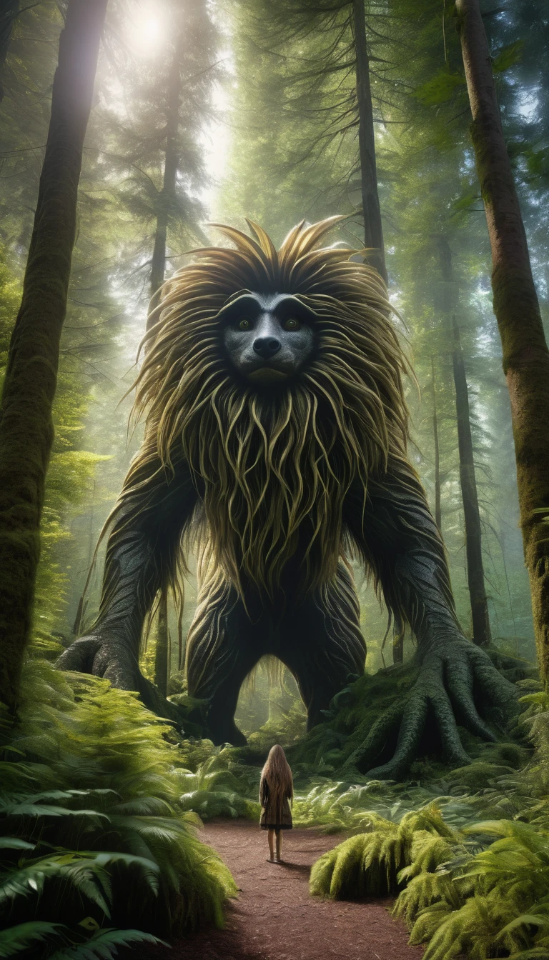 Panoramic front view,There is a creature in the forest,Looks like a person standing,Full of hair(best quality,4K,8K,High level,masterpiece:1.2),Ultra Detailed,(lifelike,Photo real,Photo real:1.37),Highly detailed animals,Complex patterns,Realistic lighting,Fantasy Creatures