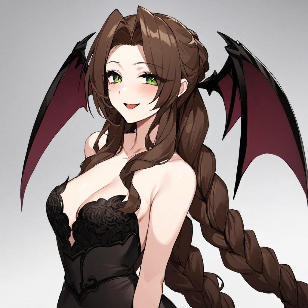 ((Highest quality)), ((masterpiece)), (detailed), (Perfect Face)、The woman is the demon queen, Devil Queen Aerith, wearing a gorgeous black wedding dress decorated with gold.、The woman is a female demon, Aerith, with magnificent devil horns, jet black devil wings, and a jet black tail. She is looking at the camera with a happy expression, her brown medium-long hair is braided in the back and she has the expression of a girl in love.、The woman is Aerith