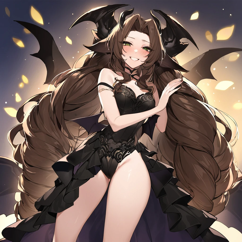 ((Highest quality)), ((masterpiece)), (detailed), （Perfect Face）、The woman is the demon queen, Devil Queen Aerith, wearing a gorgeous black wedding dress decorated with gold.、The woman is a female demon, Aerith, with magnificent devil horns, jet black devil wings, and a jet black tail. She is looking at the camera with a happy expression, her brown medium-long hair is braided in the back and she has the expression of a girl in love.、The woman is Aerith