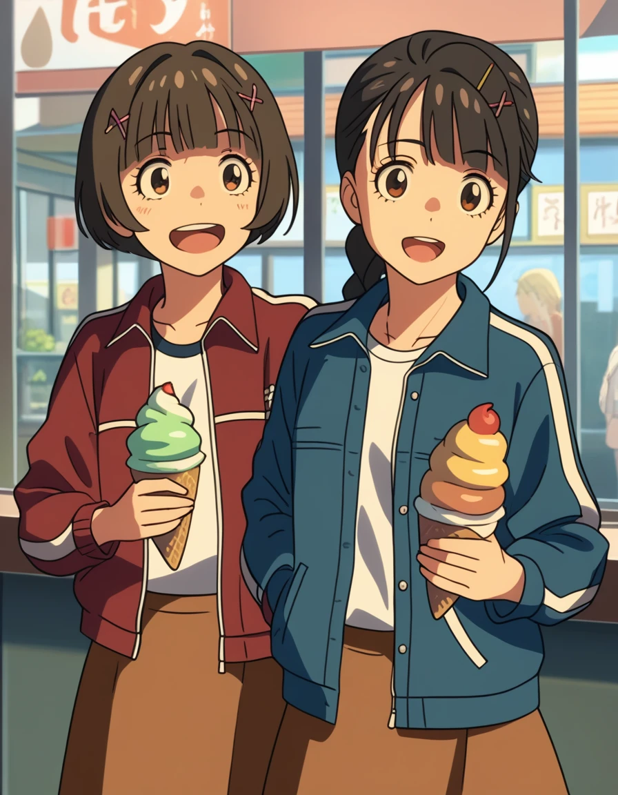 score_9, score_8_up, score_7_up, score_6_up, score_5_up, score_4_up, source_anime,
2girls, excited, facing another, cafe, ice cream
BREAK
suzume, braid, hairclip, x hair ornament, denim jacket, blue jacket, long sleeves, white shirt, brown skirt
BREAK
chika, shorts, track jacket, red jacket